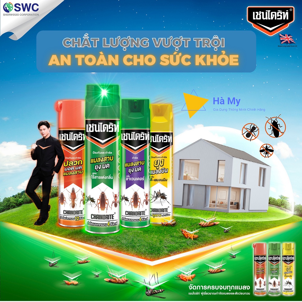 Bình Xịt Muỗi,Gián Và Các Loại Côn Trùng ChainDrite Thái Lan 600ml - An Toàn Cho Người Sử Dụng,Hàng Chính Hãng