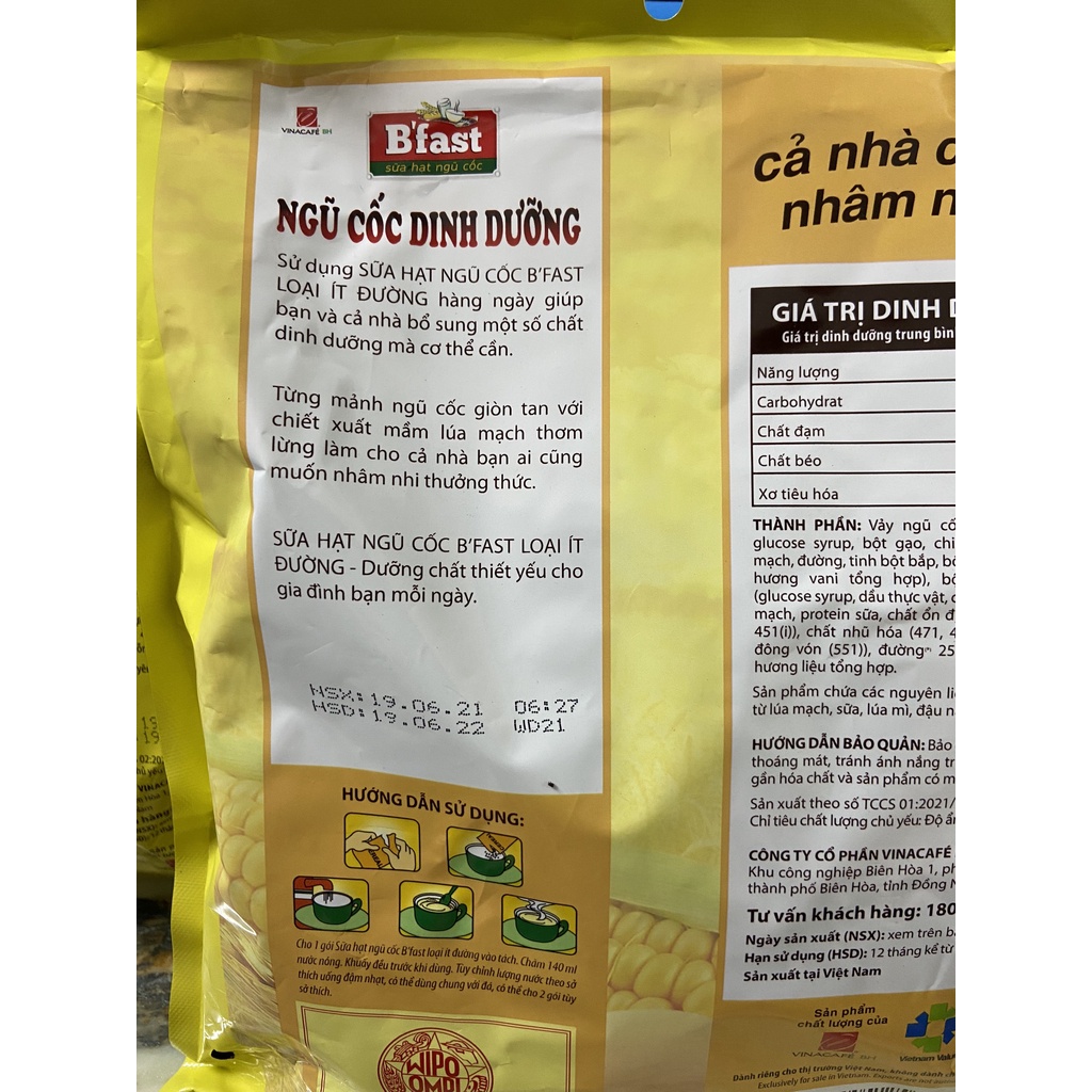 SỮA HẠT NGŨ CỐC DINH DƯỠNG B'FAST CANXI 500G 20 gói x 25g