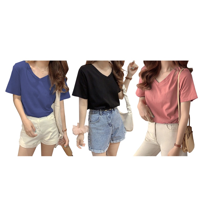 Áo Thun Tay Ngắn Cổ Chữ V Màu Sắc Đơn Giản Dành Cho Nữ