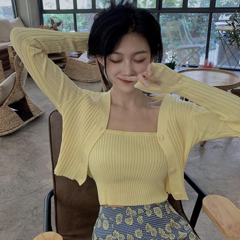 Set áo hai dây kèm áo cardigan vải dệt màu trơn thiết kế thời trang cho nữ | BigBuy360 - bigbuy360.vn