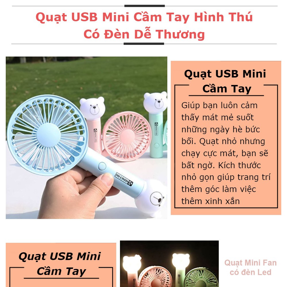 QUẠT USB MINI CẦM TAY HÌNH THÚ CÓ ĐÈN DỄ THƯƠNG