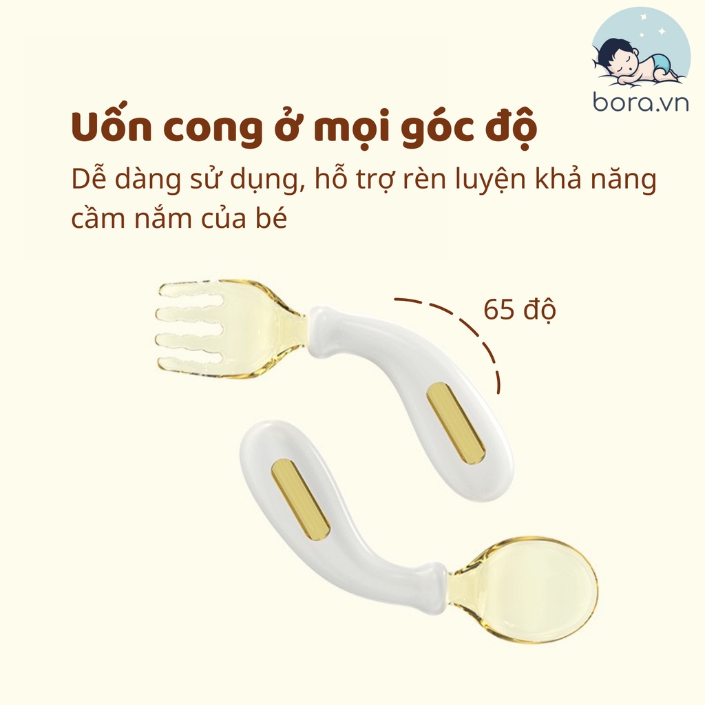 Thìa dĩa tập xúc PPSU cho bé, có thể uốn cong, kèm hộp đựng