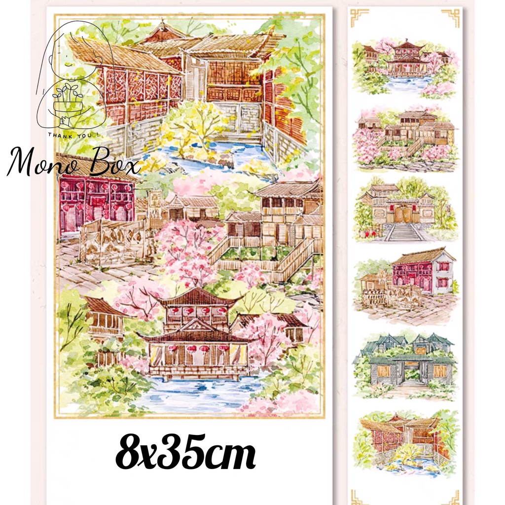 [Chiết] Washi tape 8x35cm chủ đề phong cảnh cổ phong, băng dán trang trí làm tranh washi Mono_box