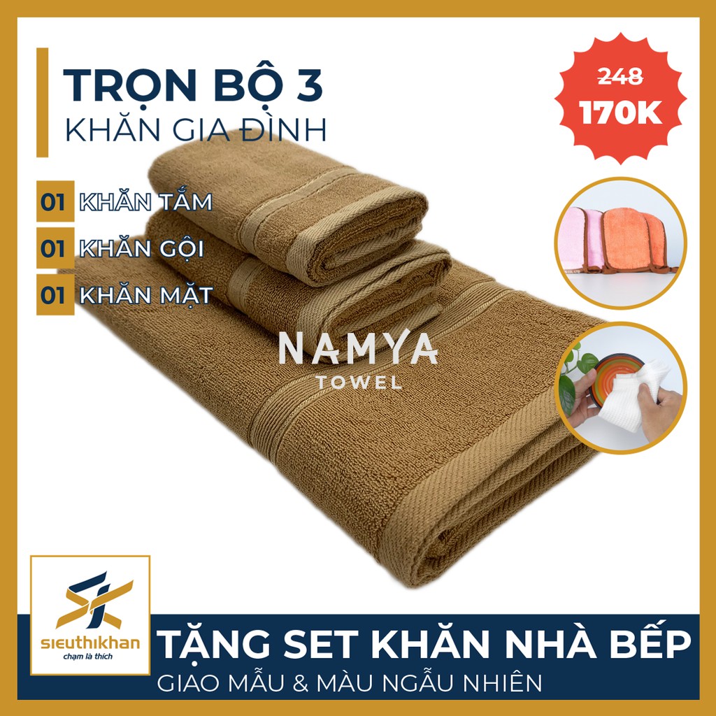 BỘ 3 KHĂN CHO GIA ĐÌNH: 1 KHĂN TẮM, 1 KHĂN GỘI, 1 KHĂN MẶT + SET KHĂN BẾP