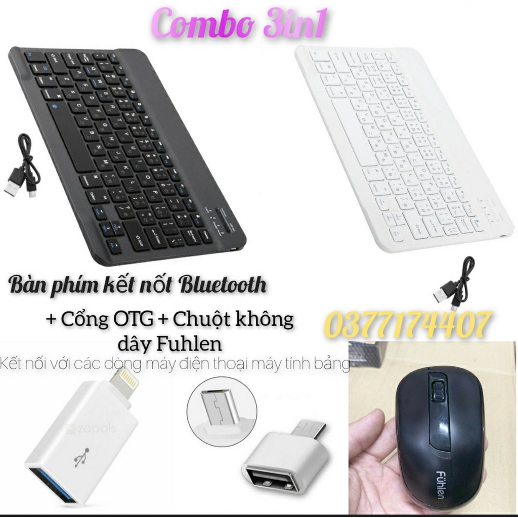 Bộ Bàn phím kết nối Bluetooth + Cổng OTG + chuột k dây kết nối cho các điện thoại máy tính bảng, ipad học online