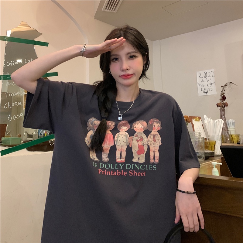 SUXI Áo Thun Tay Ngắn Cổ Tròn Form Rộng In Họa Tiết Hoạt Hình Thời Trang Mùa Hè Cho Nữ