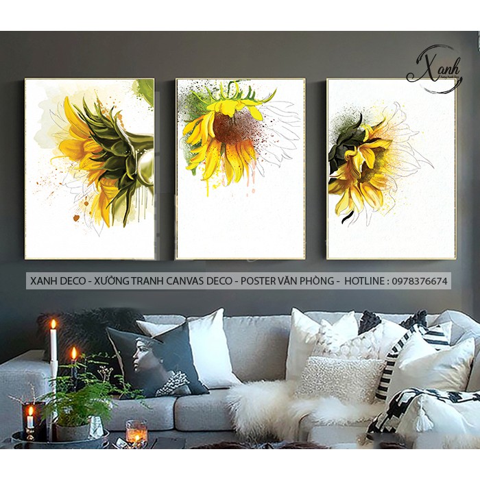 TRANH CANVAS HOA HƯỚNG DƯƠNG NGHỆ THUẬT BỘ 3 BỨC