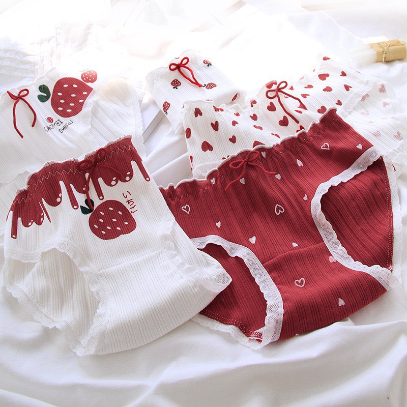 Quần Lót Nữ ❤️️FREESHIP❤️️ Quần Lót Nữ Cotton gân tăm Dâu tây đỏ chống viêm mềm mại sexy Set dâu đỏ trắng 2801 | BigBuy360 - bigbuy360.vn