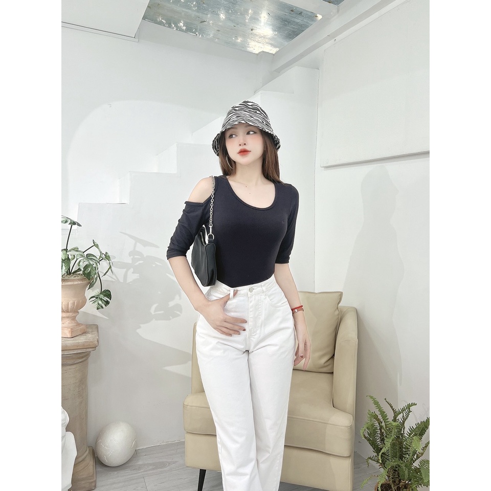 Áo thun tay lỡ nữ CRAZYTEEN khoét vai sang trọng AT0339