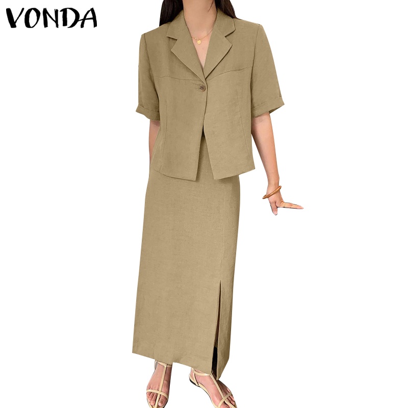 Bộ VONDA gồm áo ngắn tay màu trơn cổ bẻ + chân váy dài lưng cao phối khóa kéo cá tính dành cho nữ