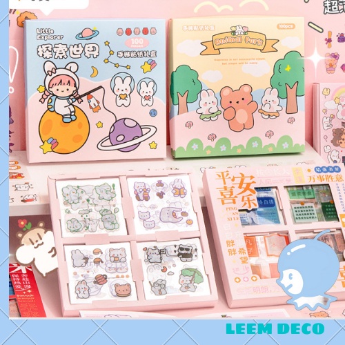 Hộp 100 tấm sticker trang trí sổ, đồ dùng học tập dễ thương Leemdeco