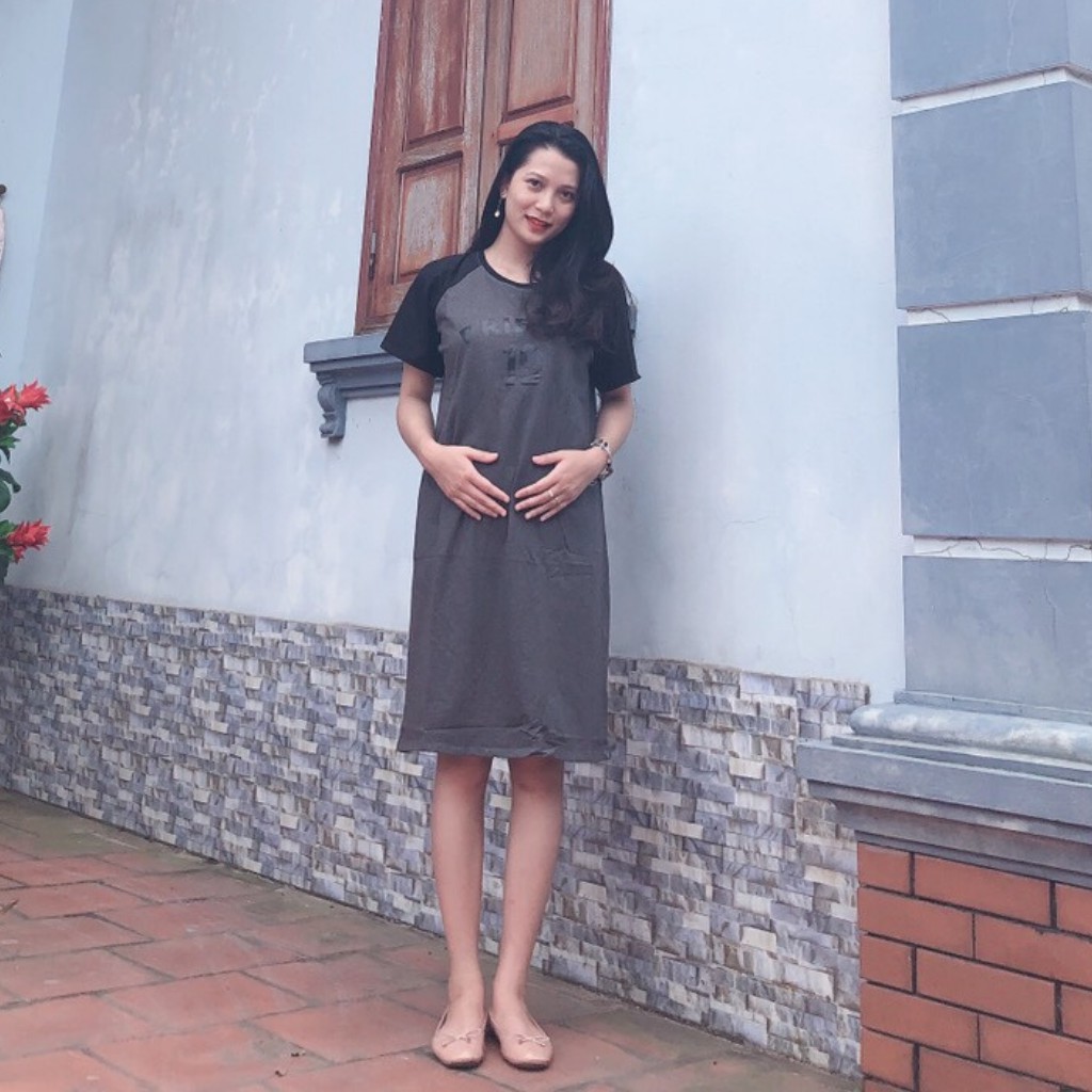 Váy bầu xuông in chữ chất cotton 100% freesize từ 45 đến 70Kg