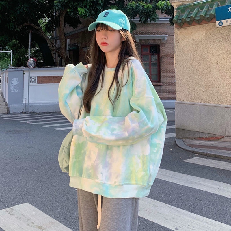 Áo hoodie dài tay dáng rộng màu nhuộm phong cách Hàn Quốc thiết kế mới