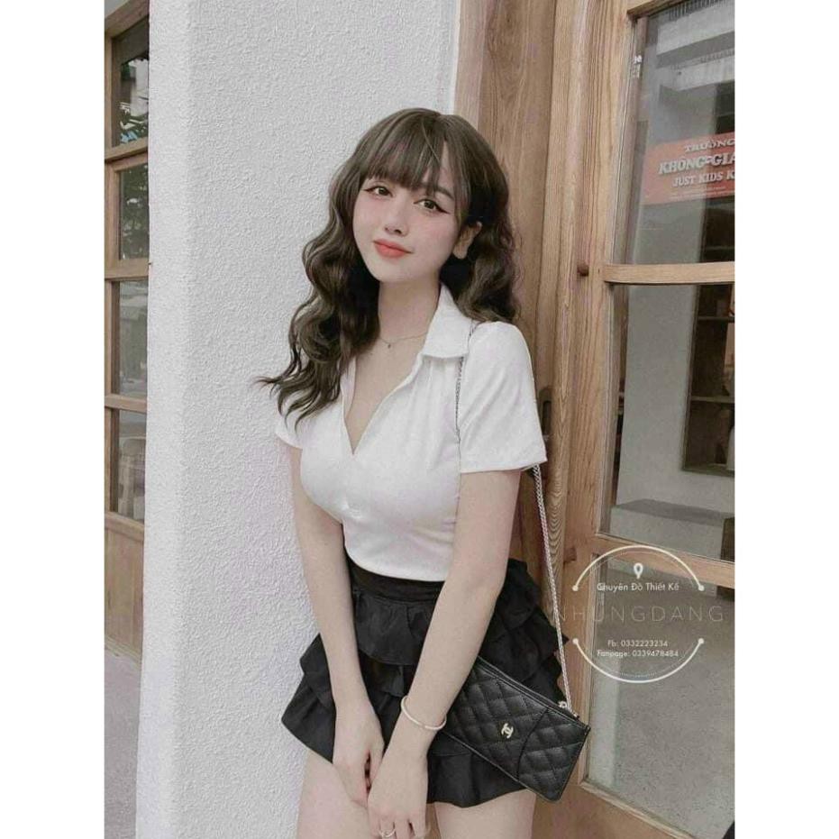 Áo Polo Cổ Tim Cộc Tay Nữ - Phông tay lỡ dáng ôm body, thun trơn cổ chữ V thiết kế basic style Ulzzang ་