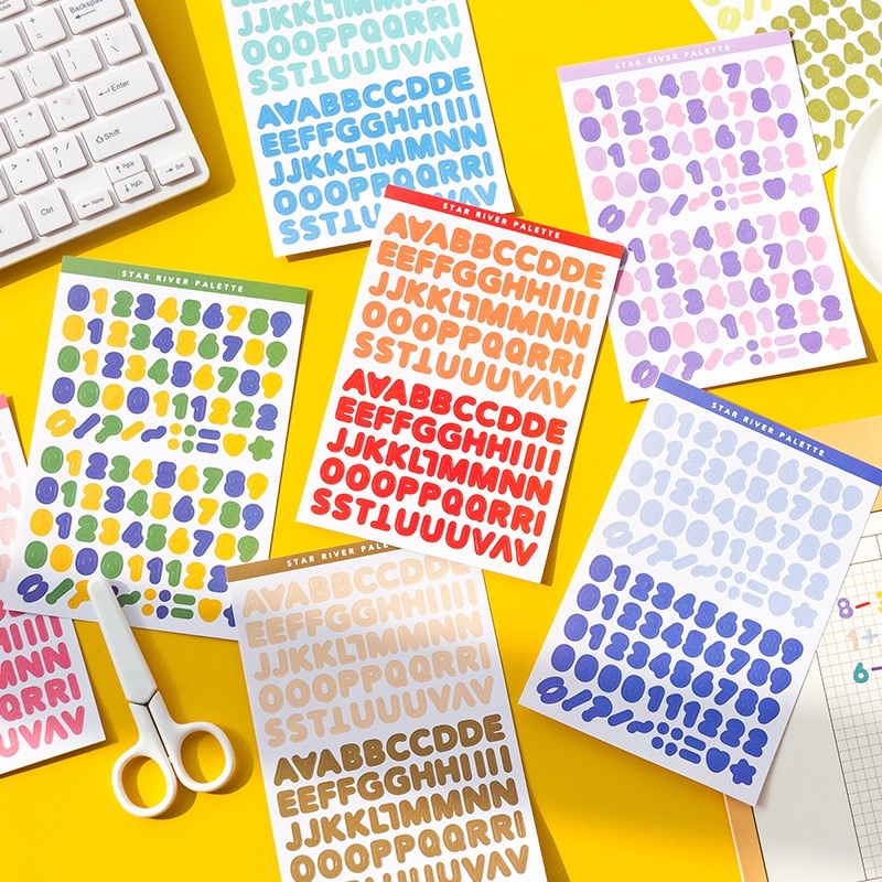 Sticker cute/Set 6 tấm hình dán chữ cái và số Star River Palette  trang trí sổ planner bullet journal Hàn Quốc Tẻn Tẻn