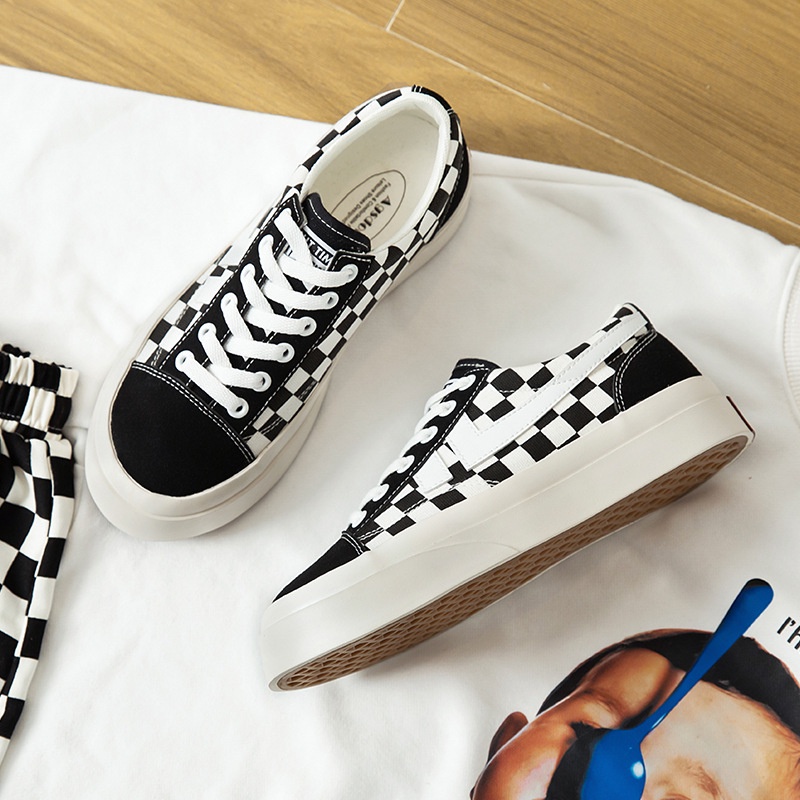 Giày thể thao nữ kẻ caro màu đen trắng cao cấp , giày sneaker ulzzang đế cao