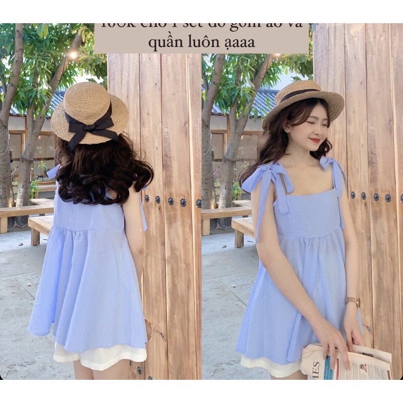 SET ÁO 2 DÂY KẺ XANH BUỘC NƠ KÈM QUẦN SOOC TRẮNG SIÊU XINH