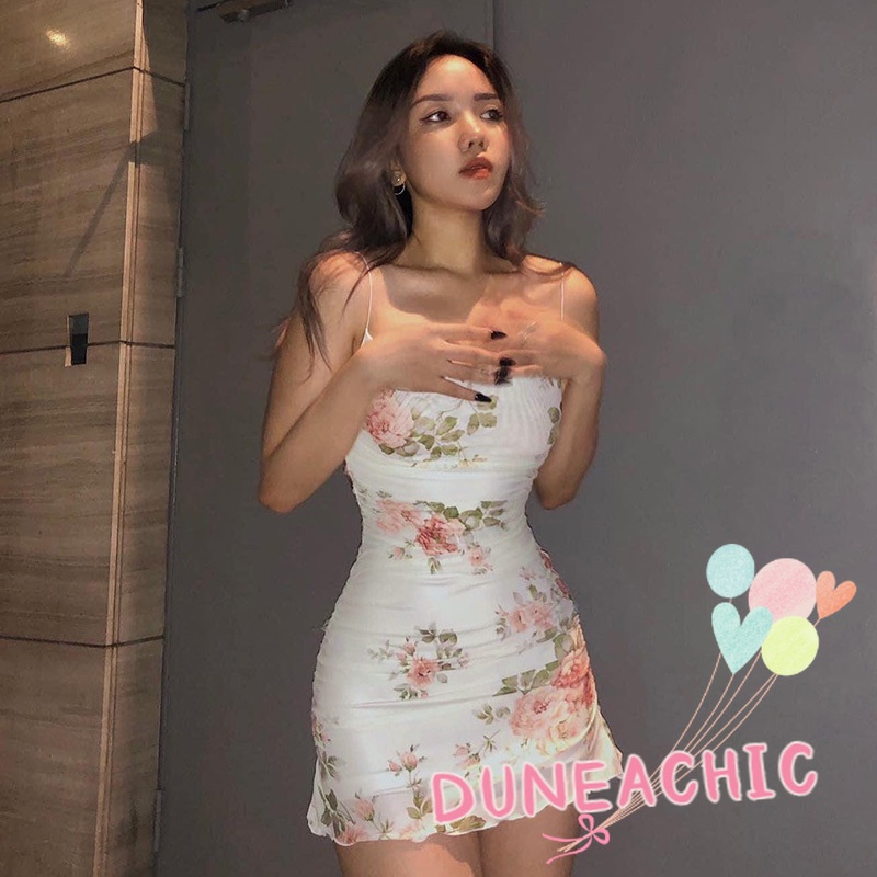 DUNEA Đầm hai dây ôm dáng phối lưới họa tiết hoa thời trang quyến rũ dành cho nữ