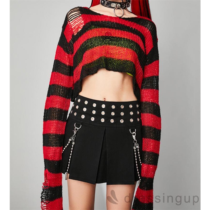 Đầm Len Tay Dài Cổ Tròn Họa Tiết Kẻ Sọc Màu Sắc Thời Trang Cho Nữ