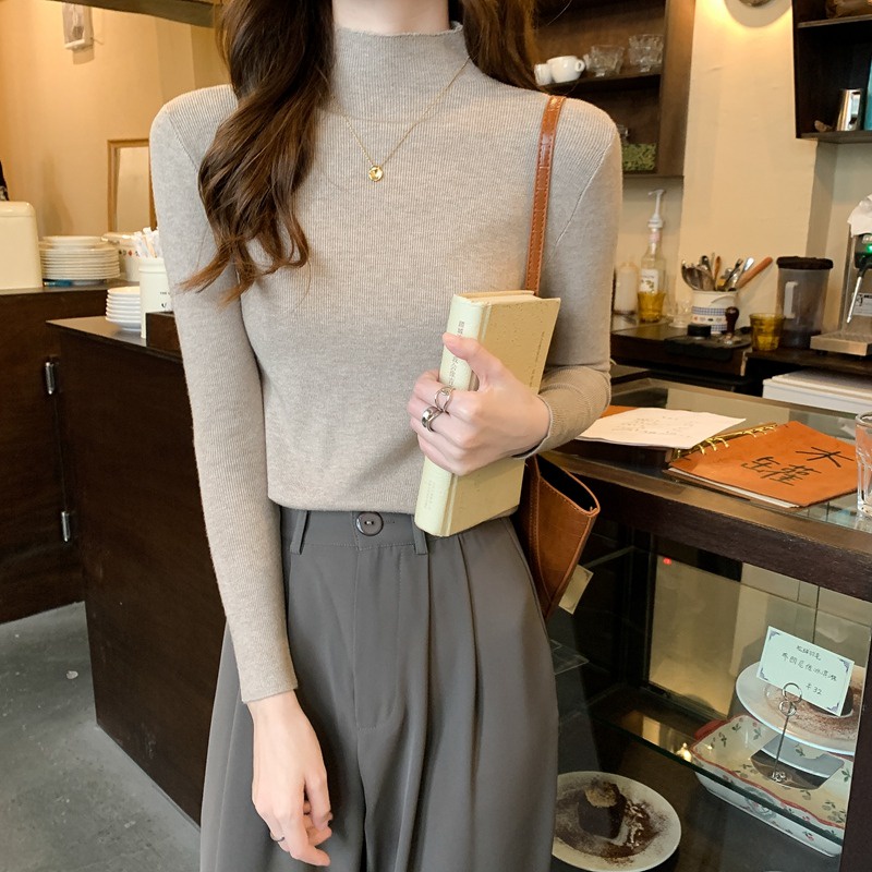 Áo Len Thu Đông Nữ CHIC Dài Tay Cổ Cao Vải Len Lụa Mềm Hàng Quảng Châu Cao Cấp