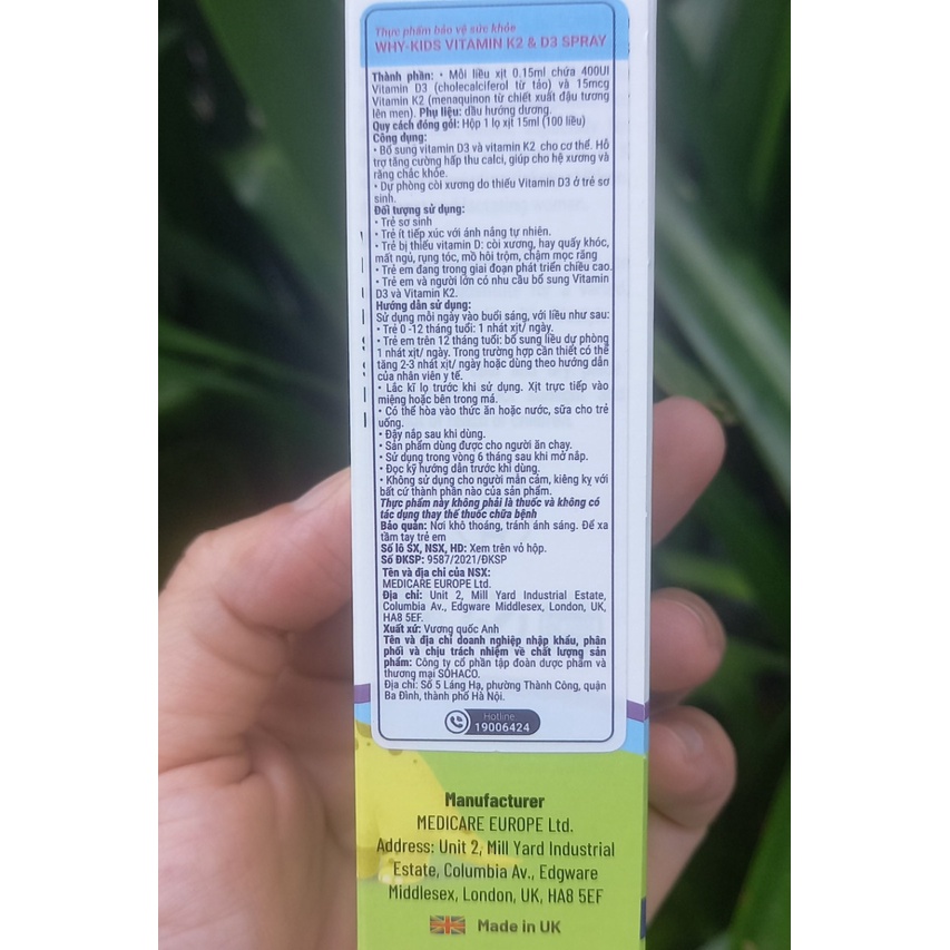 [Hàng chính hãng] D3 K2 Nhập khẩu từ Anh Quốc . Vitamin d3k2mk7 dạng xịt tiện lợi chai 15ml/100 liều xịt.