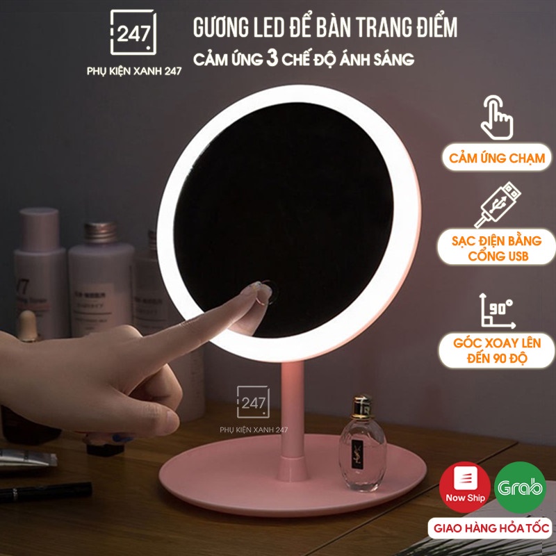 Gương trang điểm có đèn led cảm ứng 3 chế độ sáng, gương để bàn cute hình tròn kiểu dáng Hàn Quốc