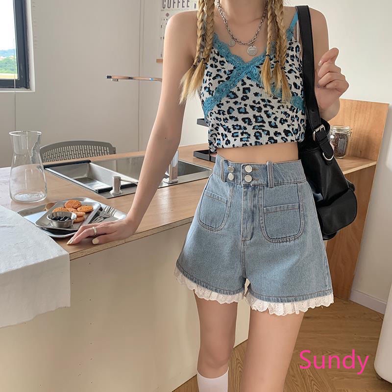 Quần Short Dáng Chữ A Lưng Cao Phối Ren Form Rộng Thời Trang Mùa Hè Cho Nữ