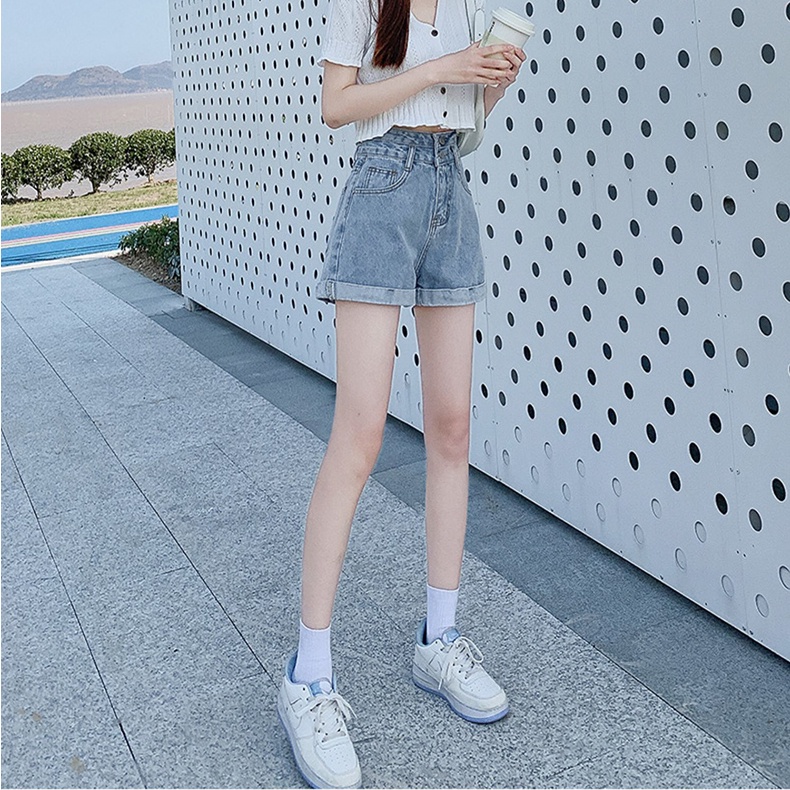 Quần Short Denim Lưng Cao Ống Rộng Thời Trang Hàn Quốc Cho Nữ
