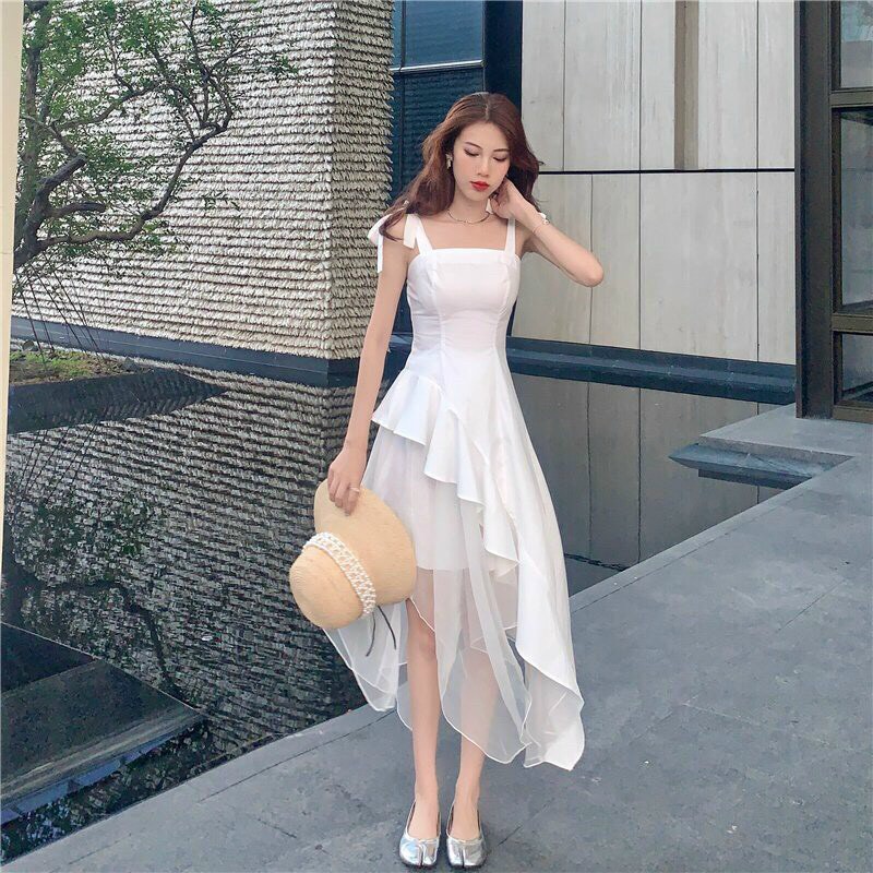 Đầm dự tiệc 2 dây dáng dài đi tiệc đi chơi màu trắng, màu đen V41