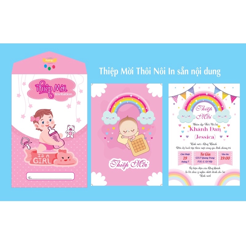 Combo 50 thiệp mời sinh Nhật, thiệp mời thôi nôi bé gái cute