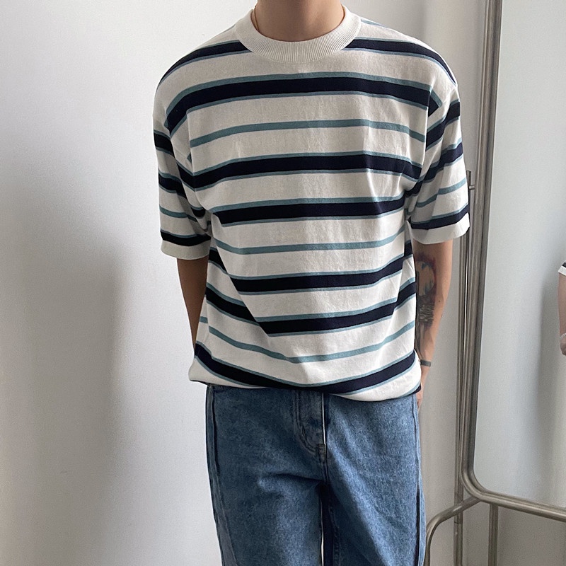 Áo Thun Tay Ngắn Họa Tiết Kẻ Sọc Phong Cách Nhật Bản Thời Trang Mùa Hè Cho Nam