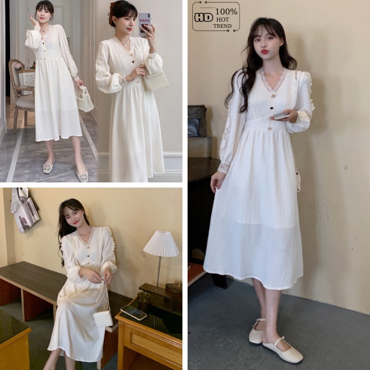 Váy babydoll, Váy cổ tim 3 cúc ngực tay bồng / Có ảnh thật, video review mix đồ cực xinh