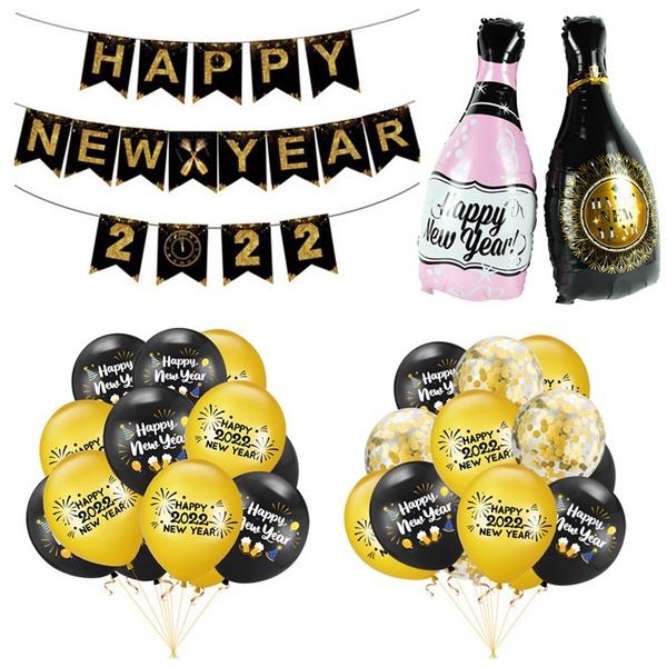 Màu vàng đen chúc mừng năm mới bong bóng lá nhôm đặt chai rượu bong bóng khí heli 2022 trang trí năm mới hạnh phúc trang trí tết