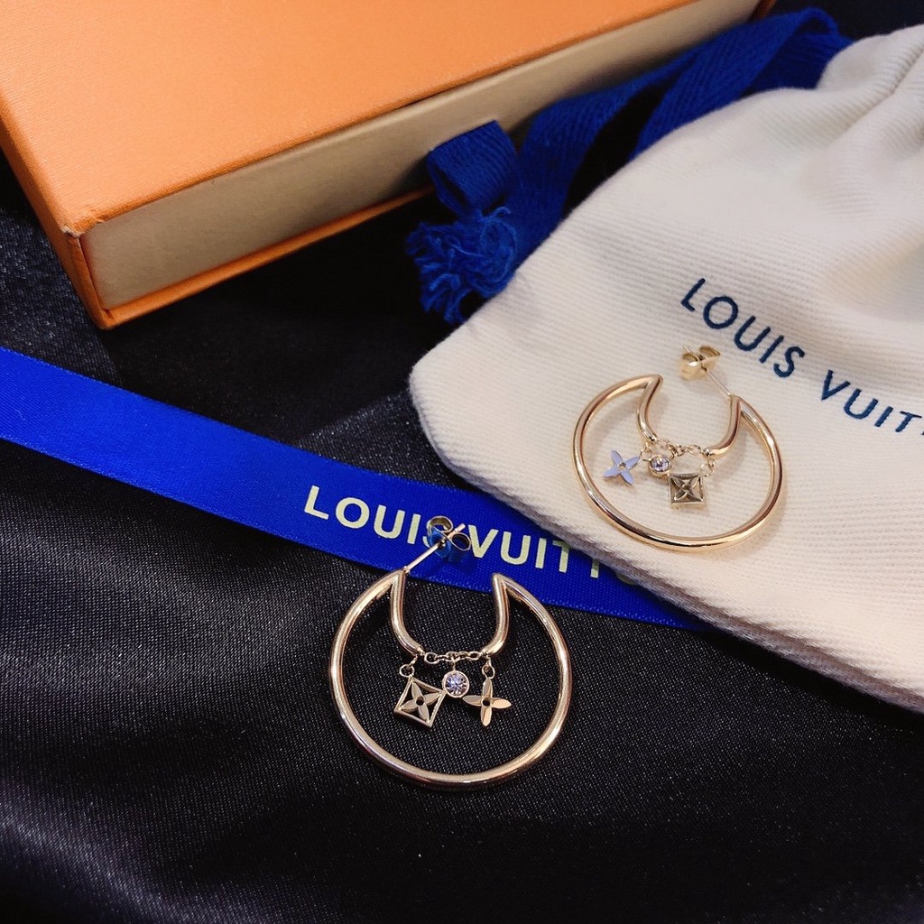 LOUIS VUITTON Khuyên Tai Tròn Bằng Thép Titan In Logo LV Thời Trang