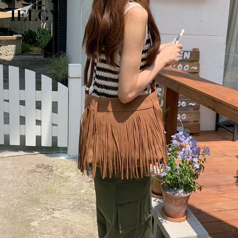 Ielgy Túi Đeo Vai Tua Rua Thiết Kế Cá Tính Độc Đáo Cổ Điển Cho Nữ