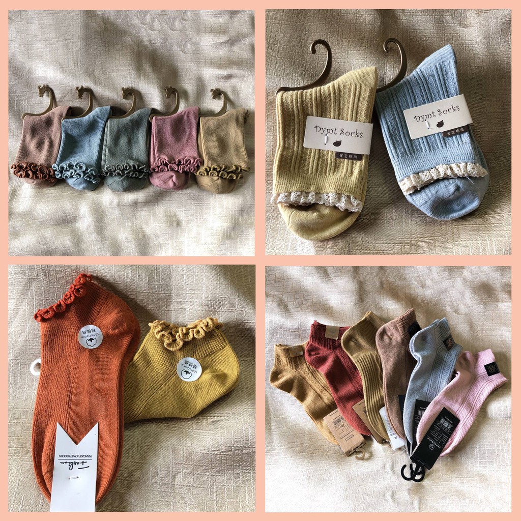 Tất Nữ [FREESHIP] Vớ Tất Nhún Cổ Cao/Thấp-Trơn/Viền Ren/Viền Bèo Phong Cách Vintage Hàn Quốc