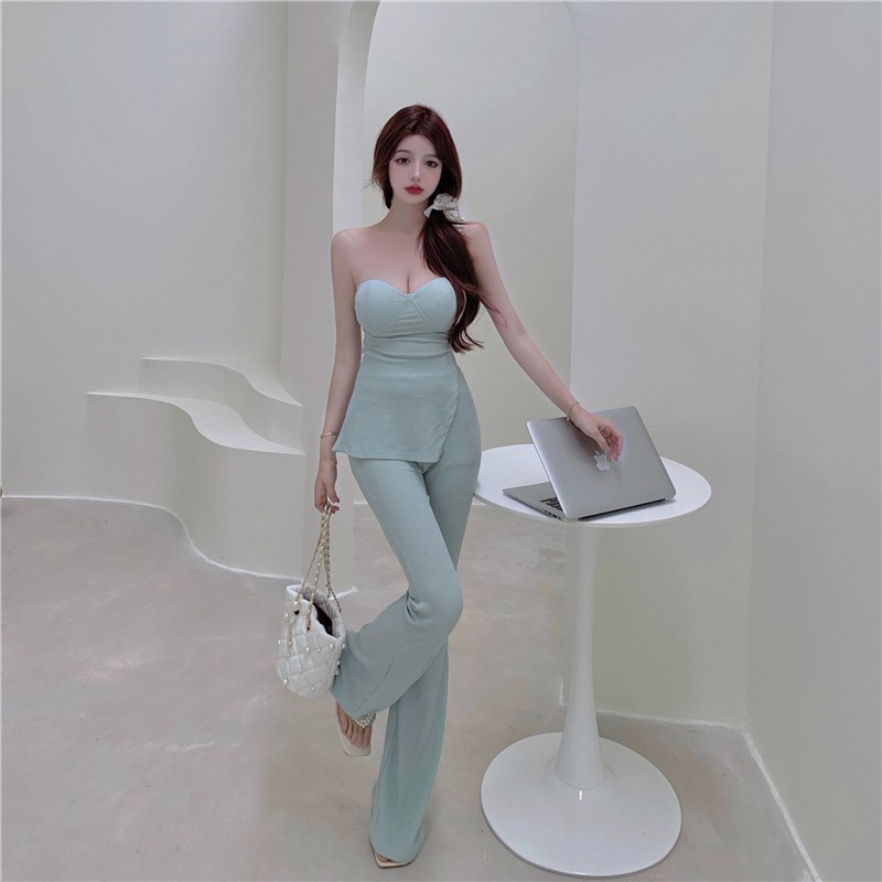 Set Áo Cúp Ngực + Quần Dài Lưng Cao Ống Loe Thời Trang Hàn Cho Nữ