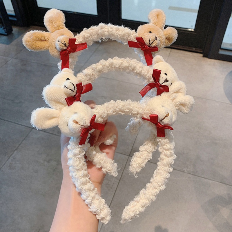 Flgo Băng Đô Cài Tóc Lông Thỏ Giả Mềm Mại Họa Tiết Gấu Hoạt Hình