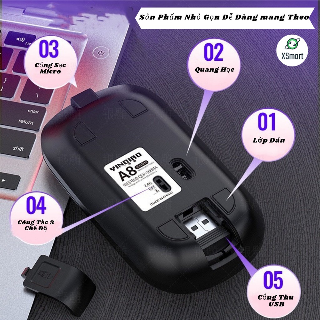 Chuột Bluetooth Không Dây Cho Điện Thoại Máy Tính Laptop PC Máy Tính Bảng A8 Có Thể Sạc Lại Có Cả Cổng Thu USB