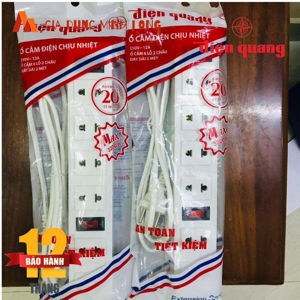 Ổ cắm Điện Quang 6 lỗ 2 chấu 3200W- Ổ cắm liền dây 2 mét, 5 mét chịu tải