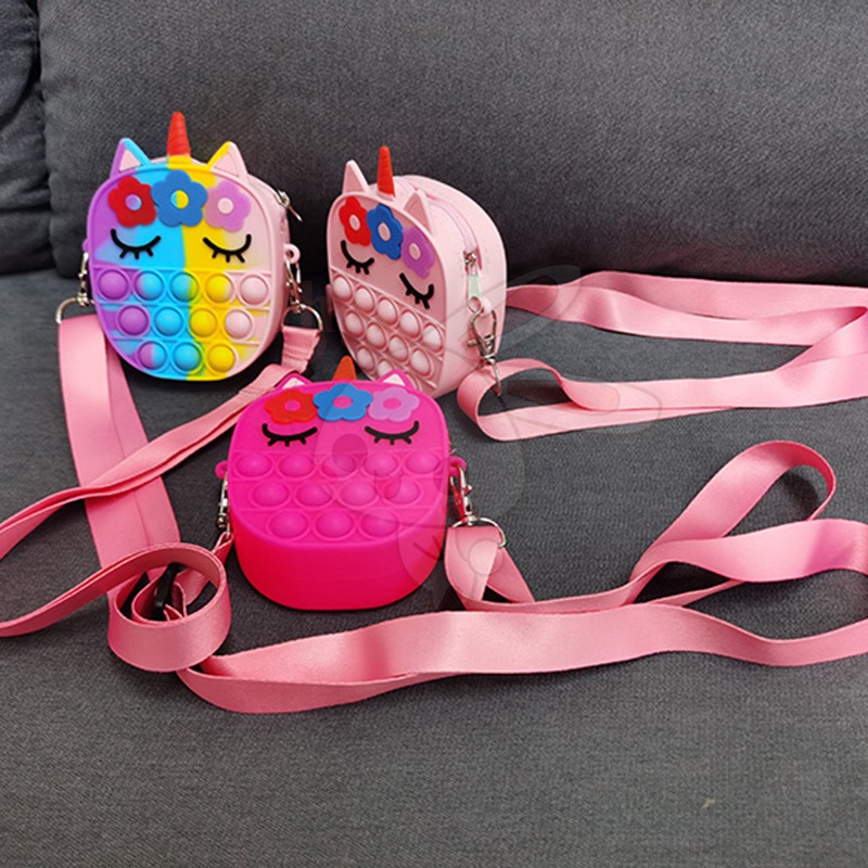 Túi Silicon đựng tiền xu đeo vai hình kỳ lân tích hợp đồ chơi ấn bong bóng vui nhộn dành cho trẻ em