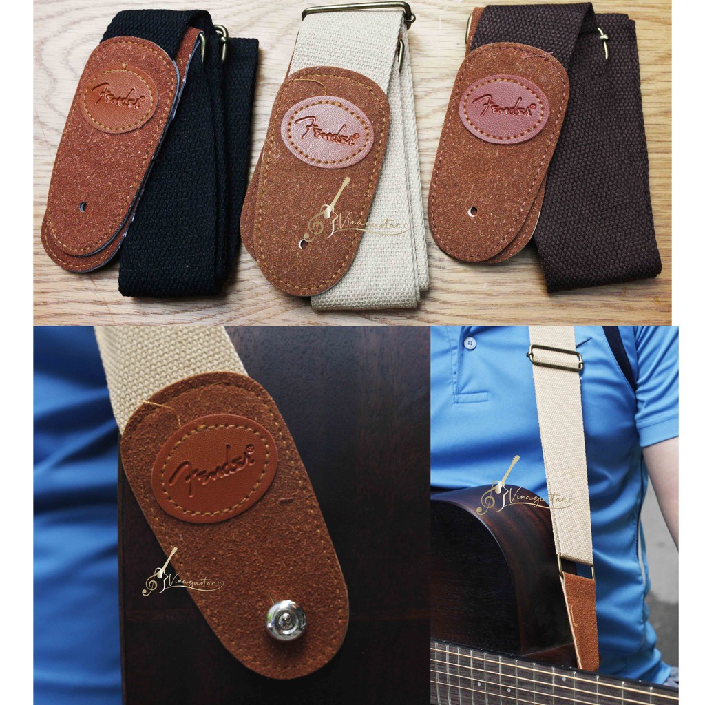 Dây đeo Guitar Fender màu vàng xám BeGe/ Đen (tặng pick gảy)
