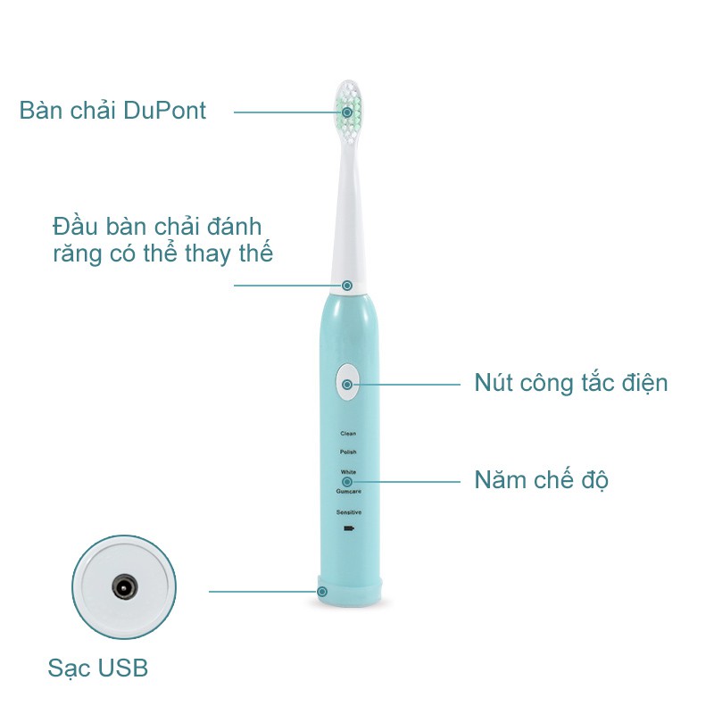 Bàn chải điện, đầu bàn chải  5 chế độ Hàng Nội Địa Cao Cấp Bàn chải làm sạch IPX7 Không thấm nước với 4 đầu bàn chải