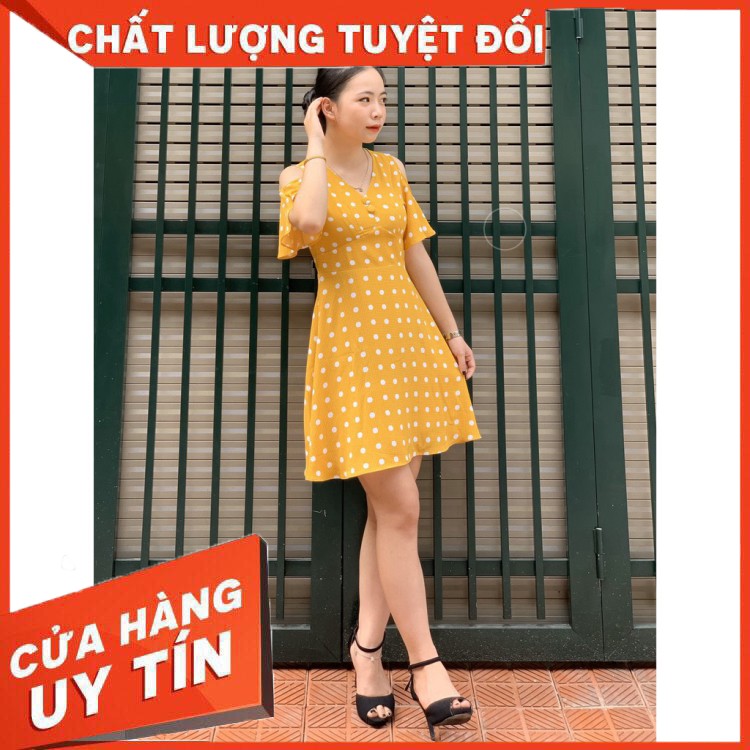 (Lịch thiệp/Sang trọng) Đầm xòe chấm bi hở vai SEFA FASHION (Đẹp nhất, dễ thương) (Giá tốt/Hot)