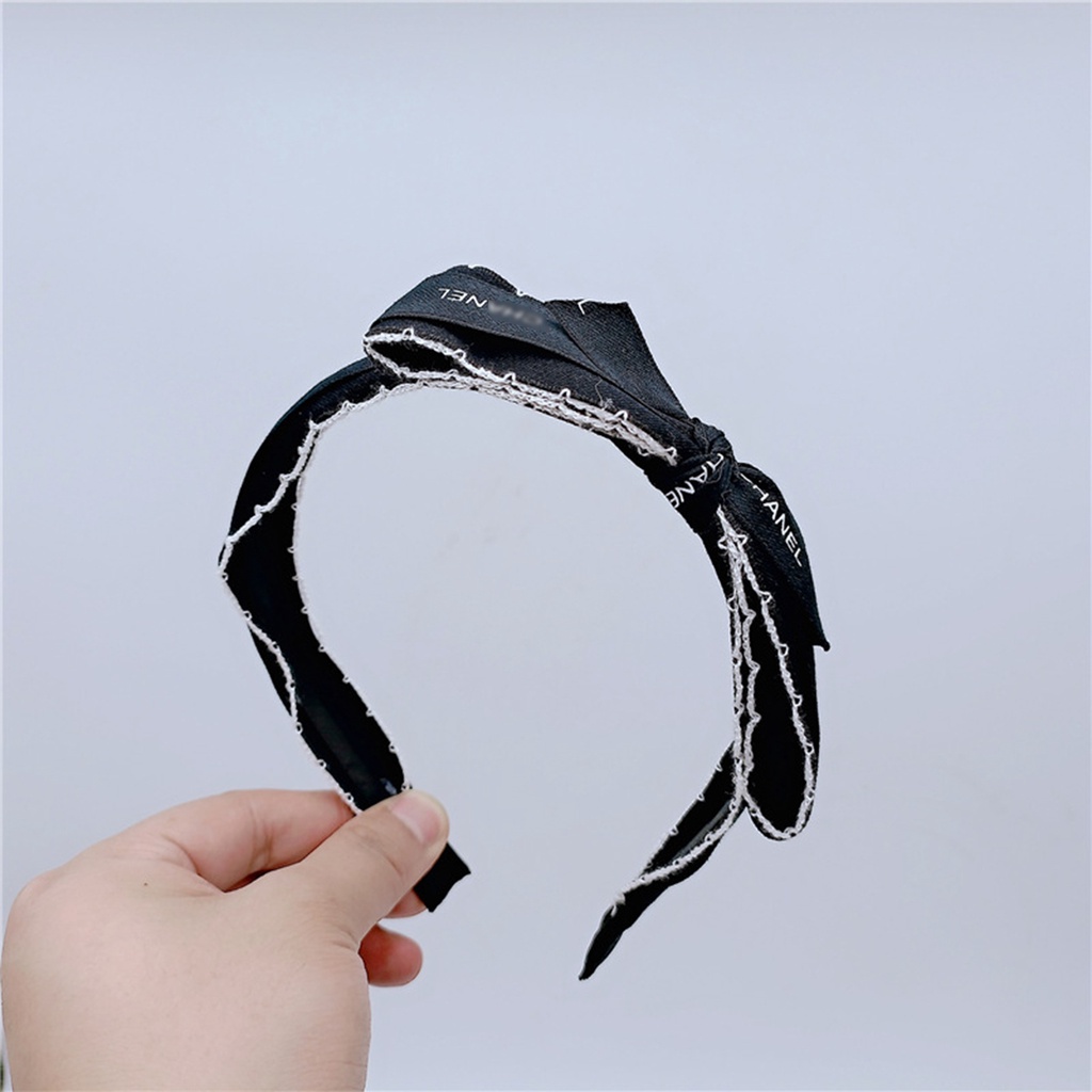 Bờm cài tóc vải lụa satin lémi thắt nơ viền ren 2 màu đen và trắng thời trang Hàn Quốc