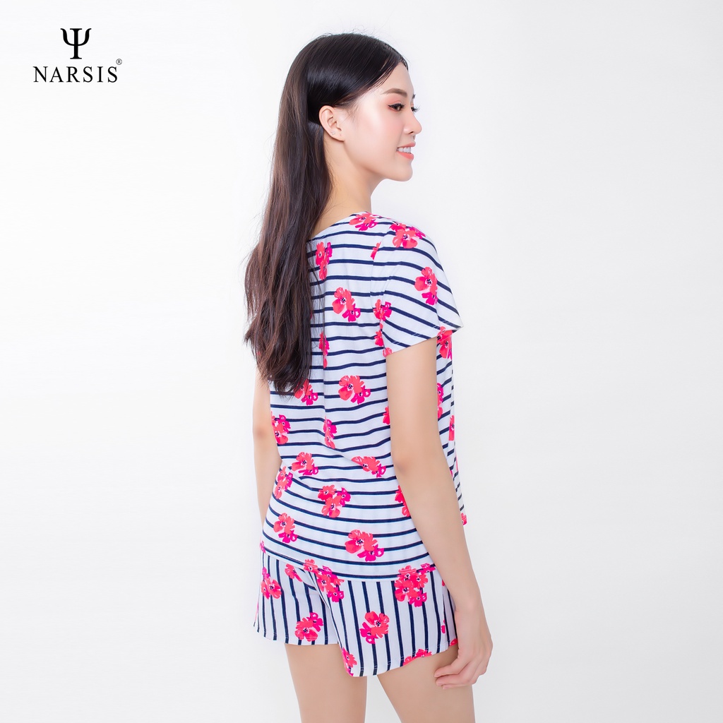 Bộ đồ nữ mặc nhà cộc tay Narsis M8086 chất liệu Cotton màu kẻ đen hoa hồng