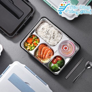 Hộp cơm văn phòng khay inox 5 ngăn - có giá điện thoại + tặng thìa đũa inox cao cấp