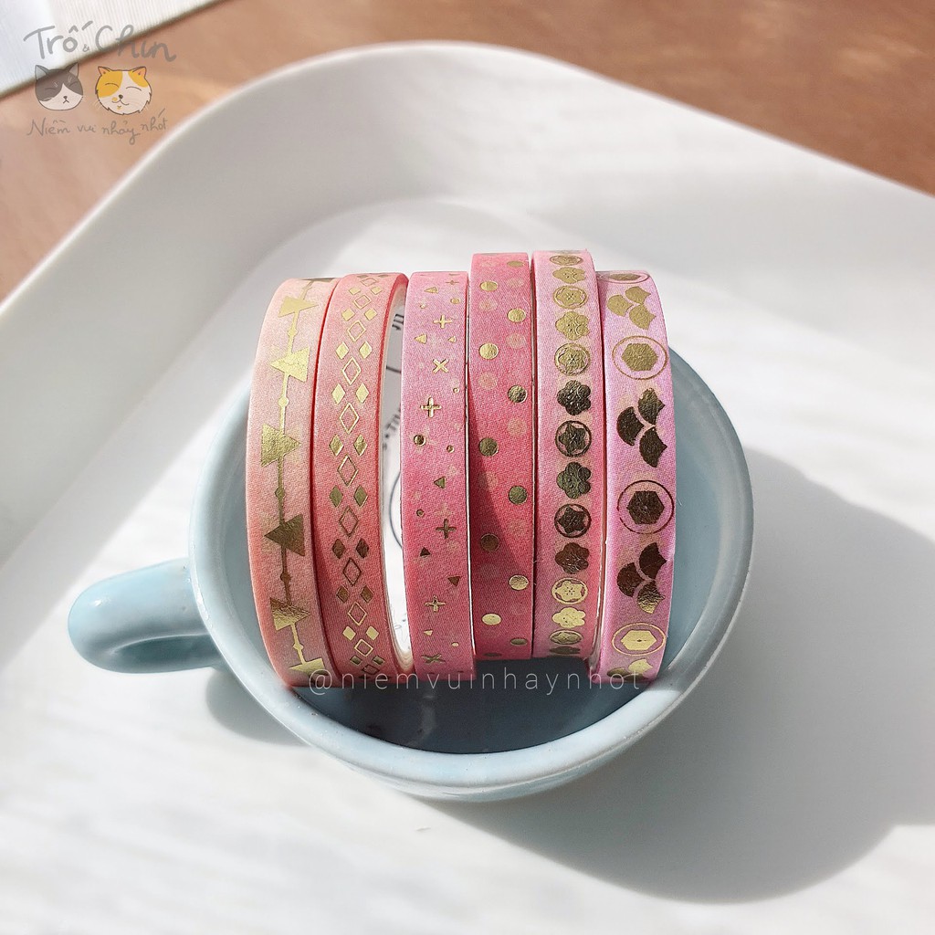 [HÀNG CÓ SẴN] [ẢNH THẬT] Washi tape nhũ ánh kim cực kì sắc nét HỒNG RỰC RỠ Gold Pink Washi tape (kích thước 5mm*2m)