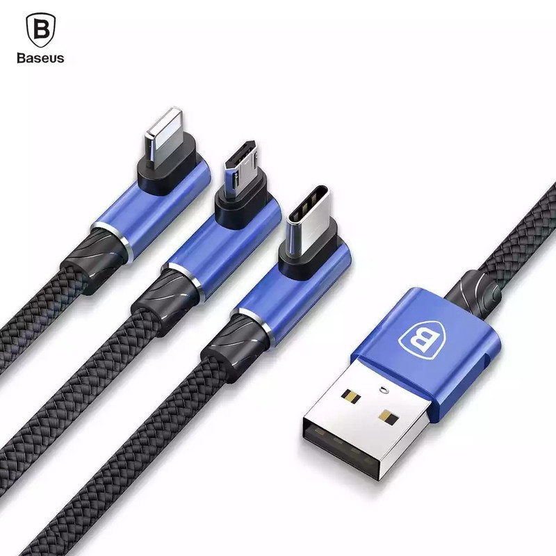 Cáp BASEUS MVP Đầu cắm ngang 3 trong 1 (3 cổng Lightning, Micro USB và Type-C). Hỗ trợ sạc nhanh 3.5A. Dây dài 1.2m