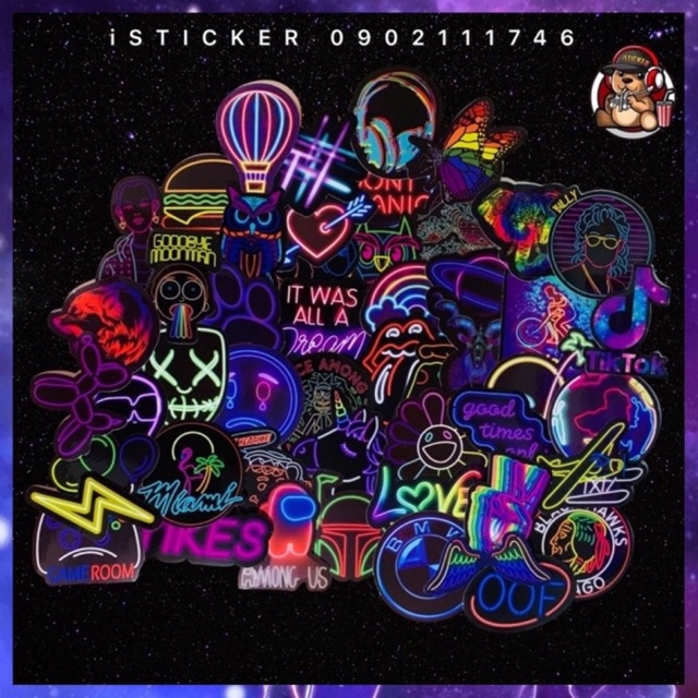 Sticker tem Neon mẫu HOT hình dán cute trang trí nón - mũ bảo hiểm, điện thoại, laptop, vali, ván trượt, xe